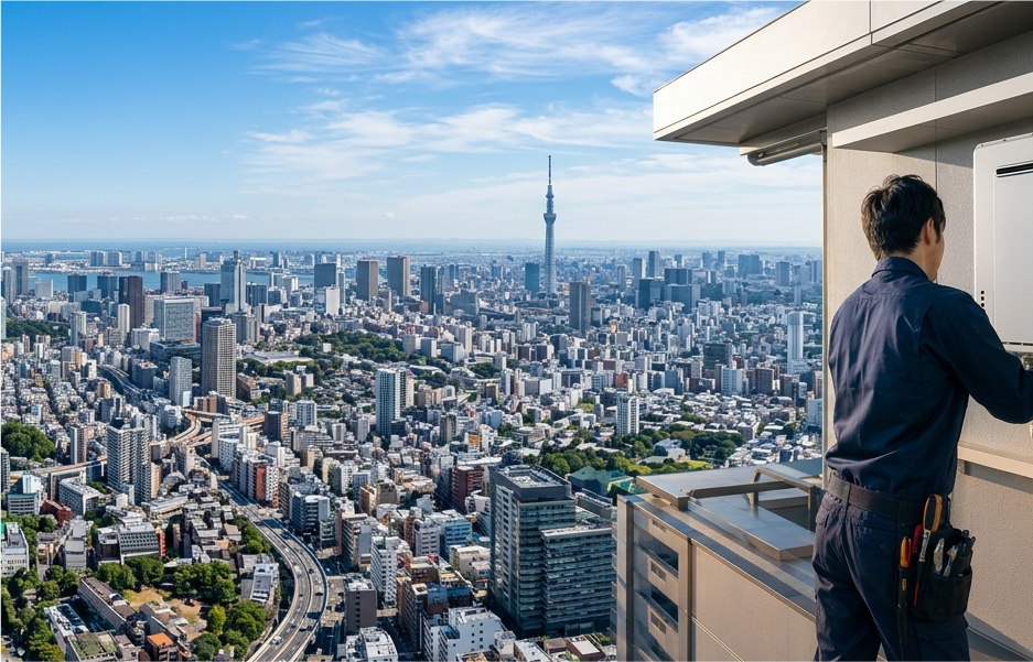 都市の街並みと作業スタッフ